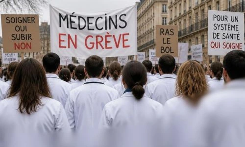 M&eacute;decins en gr&egrave;ve, de dos, avec des pancartes