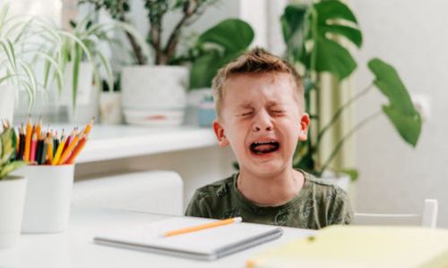 Un jeune enfant pleurant devant sa copie.