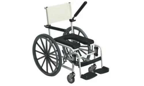 Fauteuil roulant de douche avec assise percée.