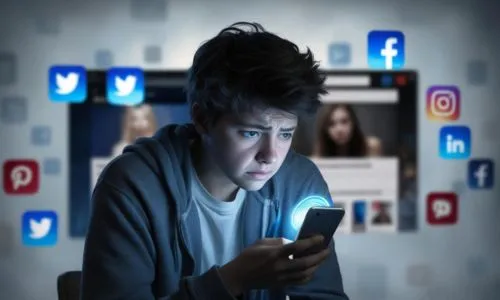 Un ado, l’air triste, sur son téléphone, entouré de logos de réseaux sociaux.