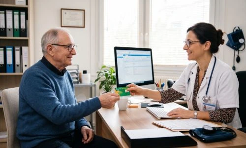 patient qui tend sa carte vitale au m&eacute;decin