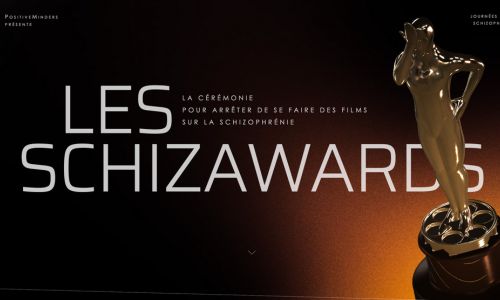 Affiche des SchizAwards avec une statuette façon Oscars qui se tape le front.