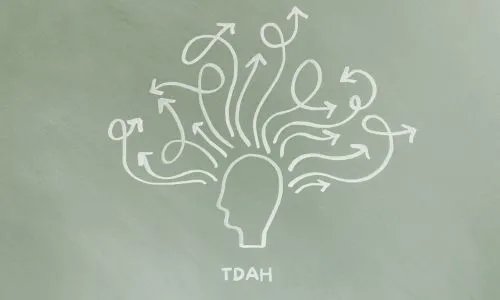 Croquis d’un cerveau avec des flèches qui partent dans tous les sens et «TDAH».