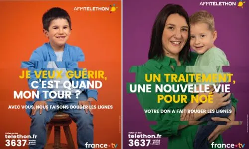 Une maman et son fils dans les bras avec le logo du téléthon et le 3637.