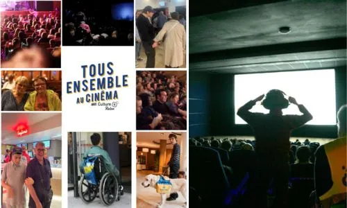 Des spectateurs handicapés et valides dans des salles de cinéma.