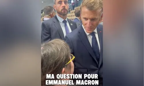 La journaliste Jeanne M&eacute;tivier pose une question &agrave; Emmanuel Macron - CNH 2026 