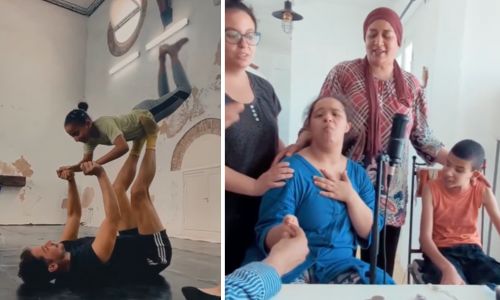 Des personnes handicapées et leur famille chantent et dansent ensemble