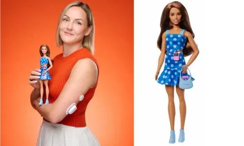 Alizée Agier, munie de ses GCM et pompe à insuline, tient la Barbie diabétique.