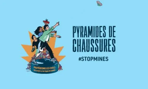 Dessin de 3 personnes qui lancent leurs chaussures avec le #stopmines.