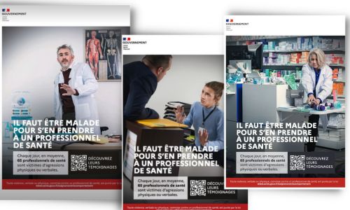 Affiches de campagne avec des professionnels de santé agressés par un patient.